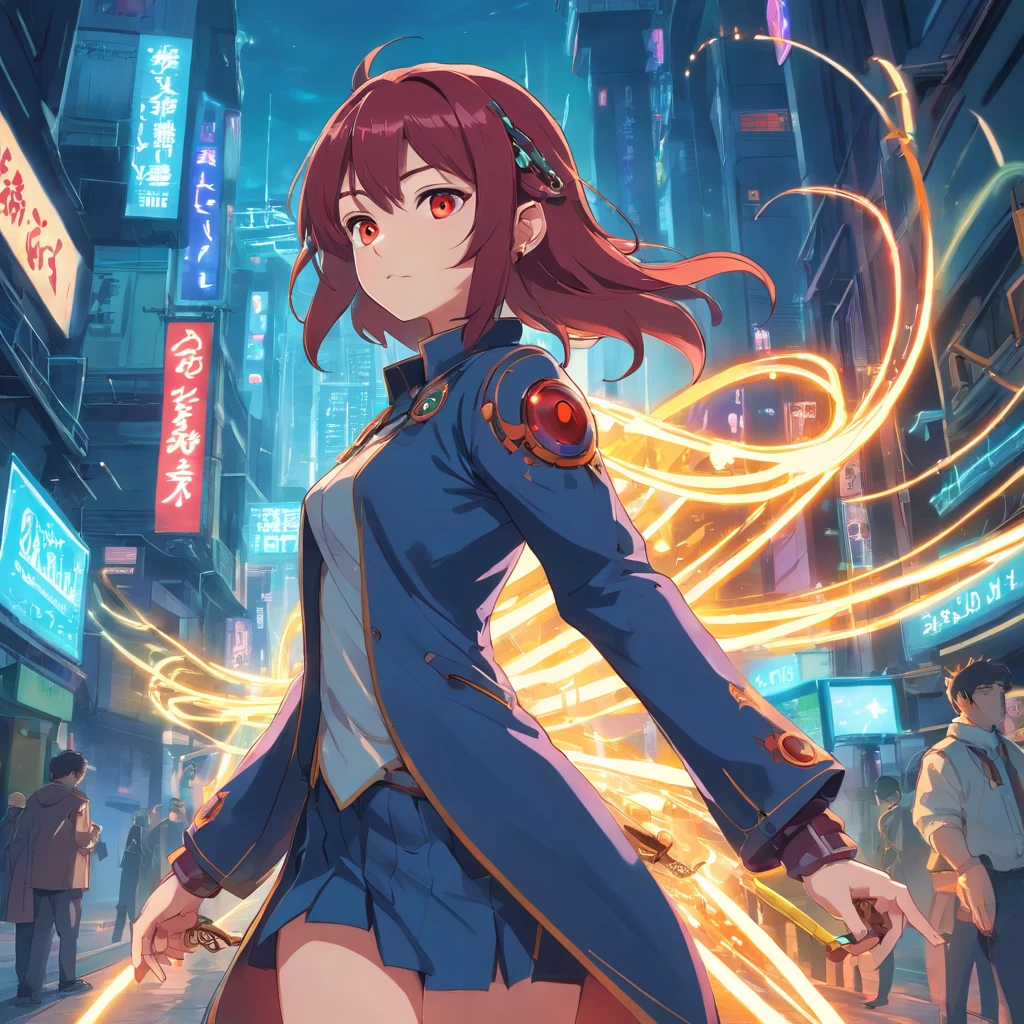 Niji mode. Full body, vampire elf wizard, secret agent, wearing a thin and elegant suit with glowing magic circuits, holding a long sword with glowing magic carvings and long handle, technological boot with glowing magic circuits, ruby eyes, dark red hair, orange skin , bright red tattoos, ruby piercings, looking at the viewer, detailed face. Atompunk, android, cyborg, mechanical parts with magic stones, magic glowing eyes, advanced technology mixed with magic, magic circuits, gears made of magic materials, developed by Technological Magic. Walking in the middle of a magical atompunk metropolis mixing technology and vegetation, particle effects, wide and deep scenery, with multiple planes of depth, cinematic and dynamic scene with a sense of movement, view of magical bright lights reflecting the scene, stylish pose, aura lights, glowing technological cables, epic atmosphere, magic tools, old anime style, Studio ghibli, metal hurlant, artbook, RPG fantasy.