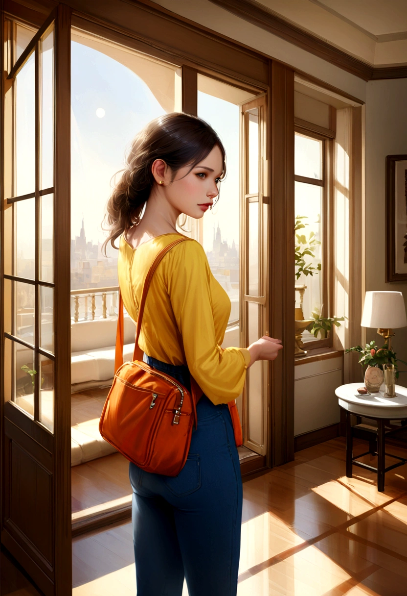 beautiful girl, wearing an orange bag, wearing yellow shirt, blue pants, luxurious room, open windows, sun in the window, realistic, high resolution