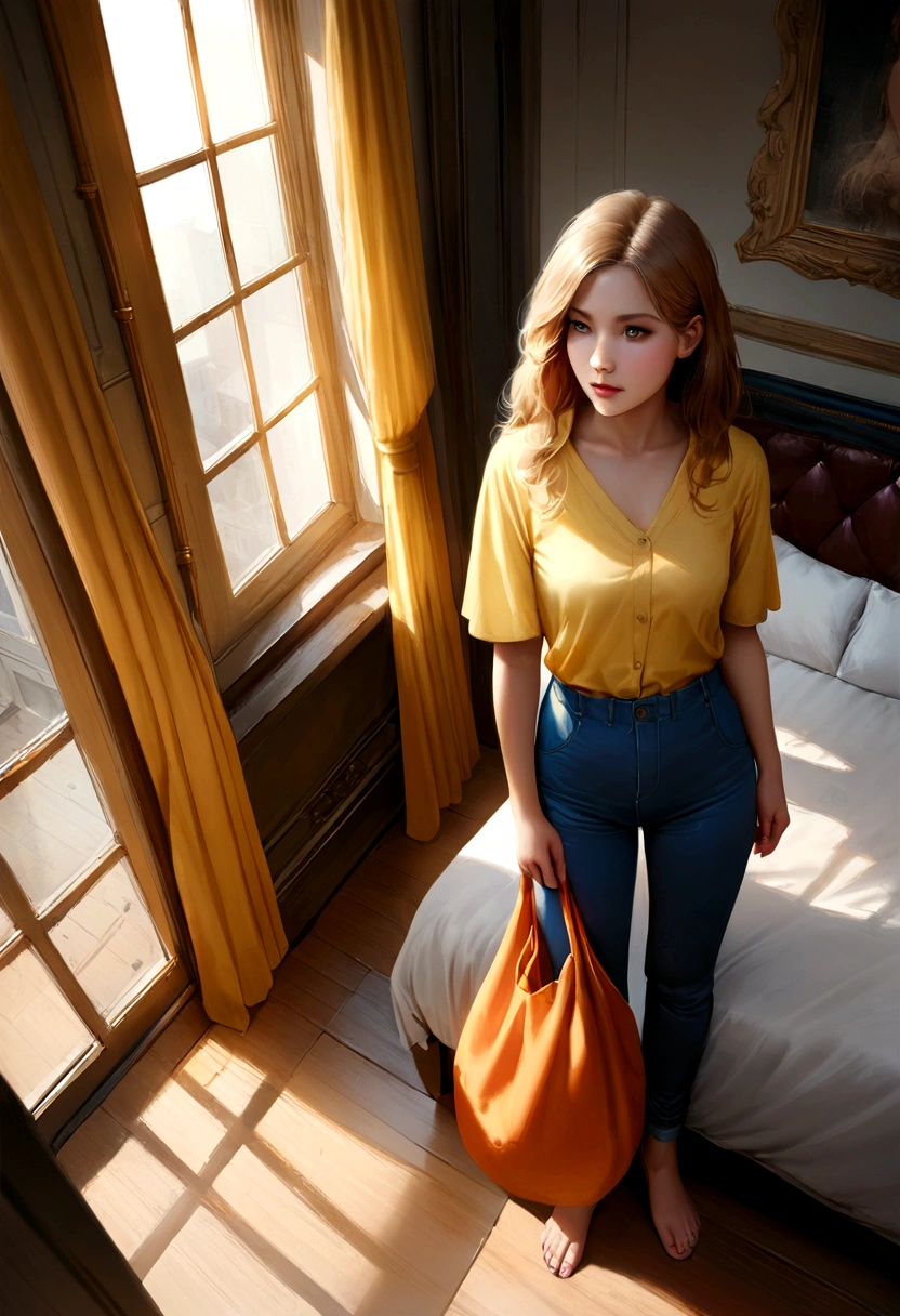 beautiful girl, wearing an orange bag, wearing yellow shirt, blue pants, luxurious room, open windows, sun in the window, realistic, high resolution