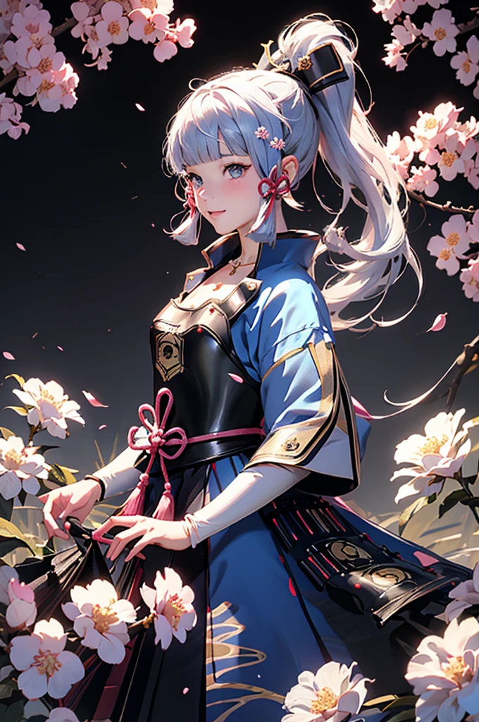 ((kamisatoayakadef)),1 Anime Girl, Warrior, Realistic people,Realistic, beautiful, smile, elegant, Majestic, Splash Art, Particles of light, Diamond Blade, Dynamic pose, ((fan、fanを持っている))((fanを広げる)),milky way, (Fractal Art:1.1),(Ice Flower:1.4), Most detailed,(抽象的なbackground:1.1), (Shiny skin), (Many colors:1.4), Ultra-high resolution,, masterpiece, Accurate, Anatomically correct, texture.(background:Cherry tree、Cherry Blossom、petal、Wind、旋Wind)