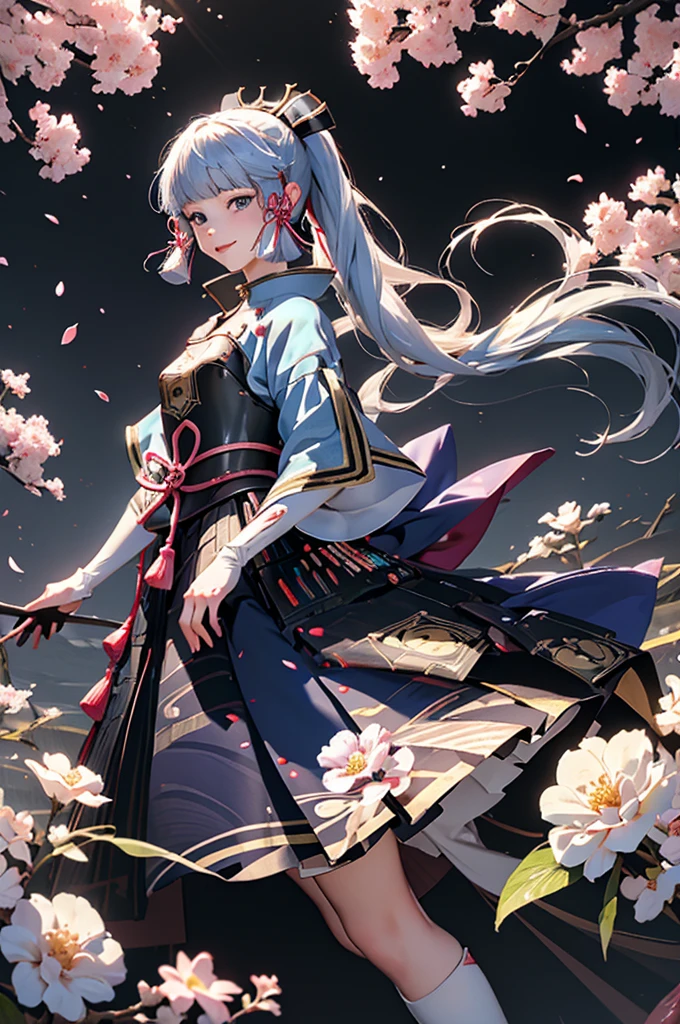 ((kamisatoayakadef)),1 Anime Girl, Warrior, Realistic people,Realistic, beautiful, smile, elegant, Majestic, Splash Art, Particles of light, Diamond Blade, Dynamic pose, ((fan、fanを持っている))((fanを広げる)),milky way, (Fractal Art:1.1),(Ice Flower:1.4), Most detailed,(抽象的なbackground:1.1), (Shiny skin), (Many colors:1.4), Ultra-high resolution,, masterpiece, Accurate, Anatomically correct, texture.(background:Cherry tree、Cherry Blossom、petal、Wind、旋Wind)
