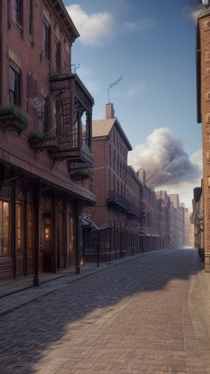 a provincial town in the 19th century, crossroads street, a bar, a hotel, (best quality,4k,8k,highres,masterpiece:1.2),ultra-detailed,(realistic,photorealistic,photo-realistic:1.37),detailed architecture, cobblestone streets, brick buildings, wood buildings, ornate facades, steam locomobiles