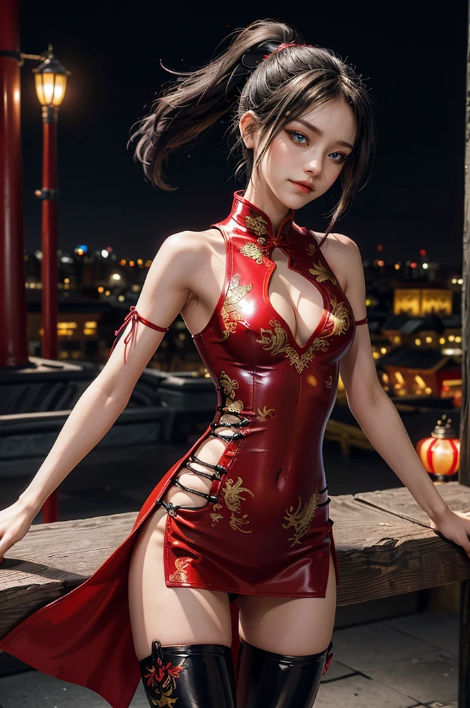 (RAW photo, best quality), Cute girl with short black hair, (ponytail), (city roof at night background), low light , dark eyeliner, cute smile, gorgeous face , super cute, 18 years old , young looking, hyper detailed face, dark eyeliner, (medium breast), (thin waist, super slender), (bare shoulders, (exposed hips), skintight and red PVC qipao china dress with yellow dragon decoration and vivid patterns, deep black leather thigh high boots, red PVC arm sleeves with yellow flower decorations and vivid patterns, cleavage, ((both hands on waist)), one leg in front of the other, (((very extremely small small navel exposure))), (metal silver belt)