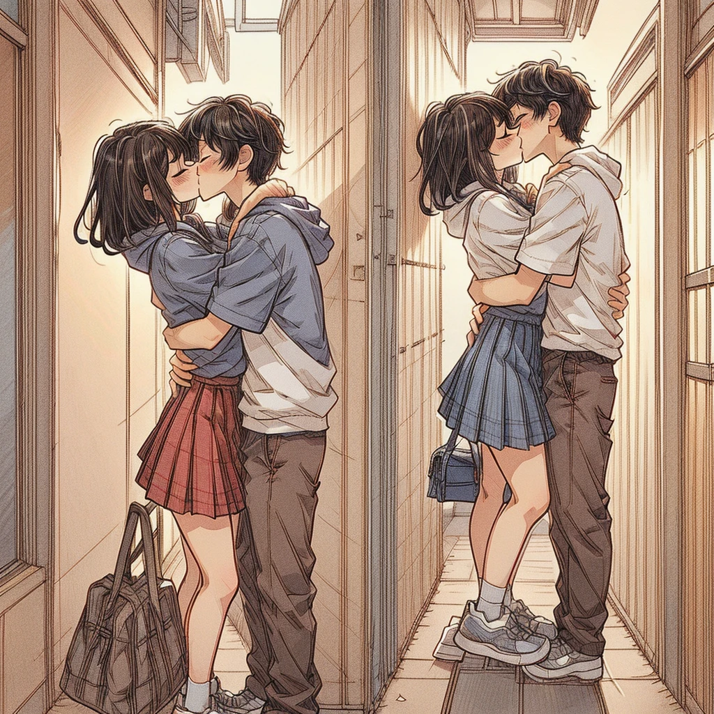 (best quality:0.8) perfect anime illustration, a pretty, happy woman with long straight black hair and red glowing eyes on the street in the city, wearing a hoodie, skirt, and, happy man with short straitght brown hair and dark red eyes, wearing black pants, dark blue skirt, face to face, kissing, kiss girlfriend, kissboyfriend, hetero couple kiss, romantic couple, 1 boy and 1 girl, closed eyes.