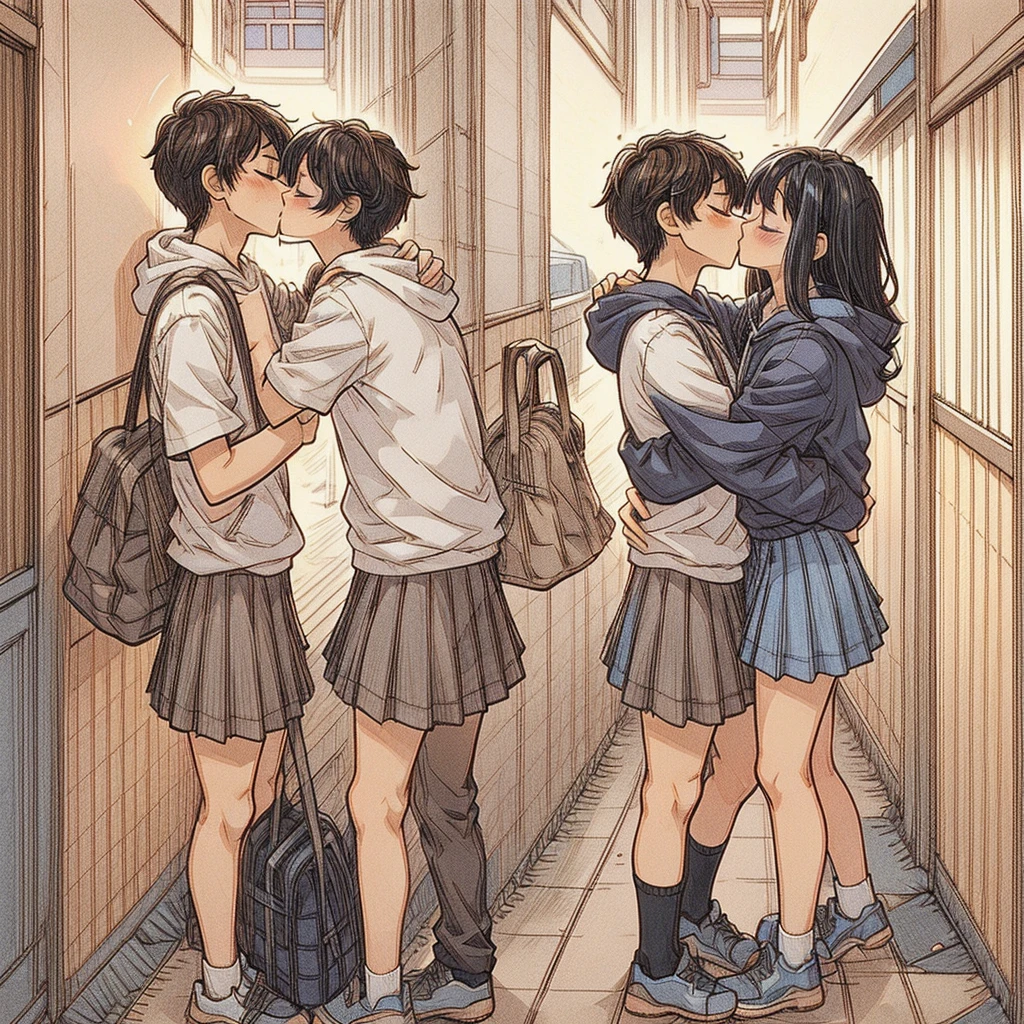 (best quality:0.8) perfect anime illustration, a pretty, happy woman with long straight black hair and red glowing eyes on the street in the city, wearing a hoodie, skirt, and, happy man with short straitght brown hair and dark red eyes, wearing black pants, dark blue skirt, face to face, kissing, kiss girlfriend, kissboyfriend, hetero couple kiss, romantic couple, 1 boy and 1 girl, closed eyes.