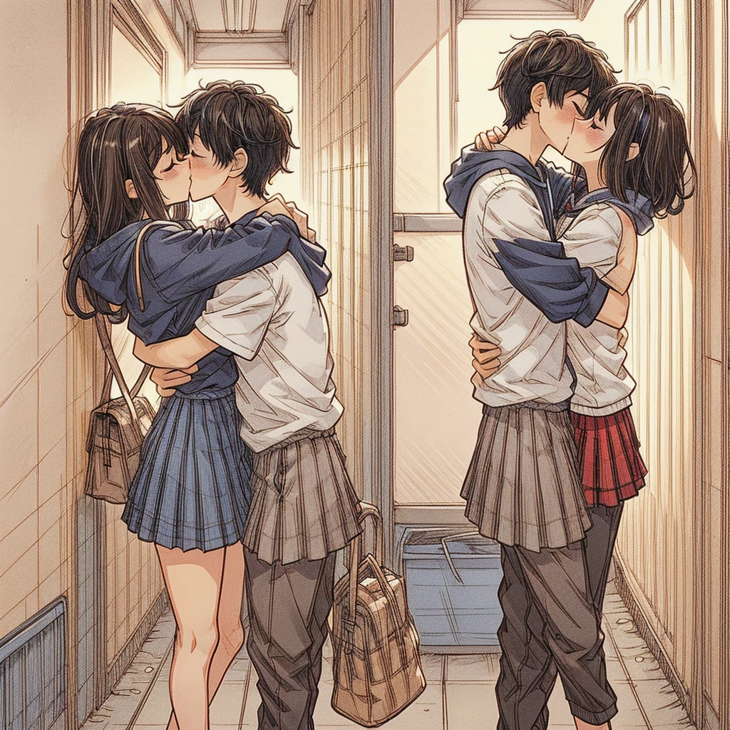 (best quality:0.8) perfect anime illustration, a pretty, happy woman with long straight black hair and red glowing eyes on the street in the city, wearing a hoodie, skirt, and, happy man with short straitght brown hair and dark red eyes, wearing black pants, dark blue skirt, face to face, kissing, kiss girlfriend, kissboyfriend, hetero couple kiss, romantic couple, 1 boy and 1 girl, closed eyes.