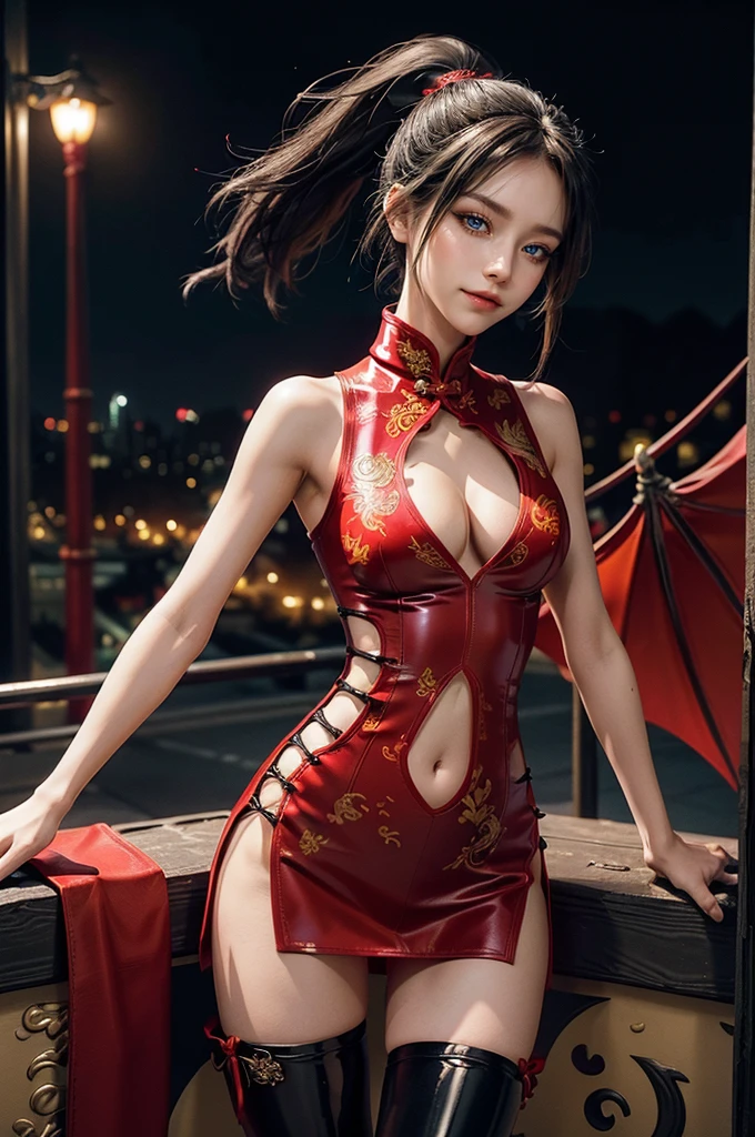 (RAW photo, best quality), Cute girl with short black hair, (ponytail), (city roof at night background), low light , dark eyeliner, cute smile, gorgeous face , super cute, 18 years old , young looking, hyper detailed face, dark eyeliner, (medium breast), (thin waist, super slender), (bare shoulders, (exposed hips), skintight and red PVC qipao china dress with yellow dragon decoration and vivid patterns, deep black leather thigh high boots, red PVC arm sleeves with yellow flower decorations and vivid patterns, cleavage, ((both hands on waist)), one leg in front of the other, (((very extremely small small navel exposure))), (metal silver belt)