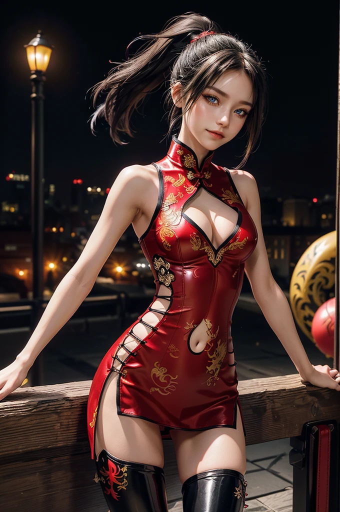 (RAW photo, best quality), Cute girl with short black hair, (ponytail), (city roof at night background), low light , dark eyeliner, cute smile, gorgeous face , super cute, 18 years old , young looking, hyper detailed face, dark eyeliner, (medium breast), (thin waist, super slender), (bare shoulders, (exposed hips), skintight and red PVC qipao china dress with yellow dragon decoration and vivid patterns, deep black leather thigh high boots, red PVC arm sleeves with yellow flower decorations and vivid patterns, cleavage, ((both hands on waist)), one leg in front of the other, (((very extremely small small navel exposure))), (metal silver belt)