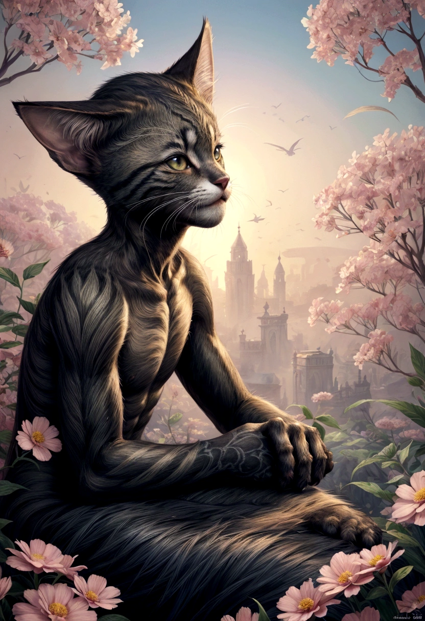 there is a catboy that is sitting in the flowers, a digitalpainting by Android Jones, behance contest winner, furry art, cute detailed digital art, in digital illustration style, catboy. digitalpainting, Bela arte UHD 4K, stunning digital illustration, detailed digital art in 4k, beautiful digital art, just a joke, cute digital art, beautiful digital illustration