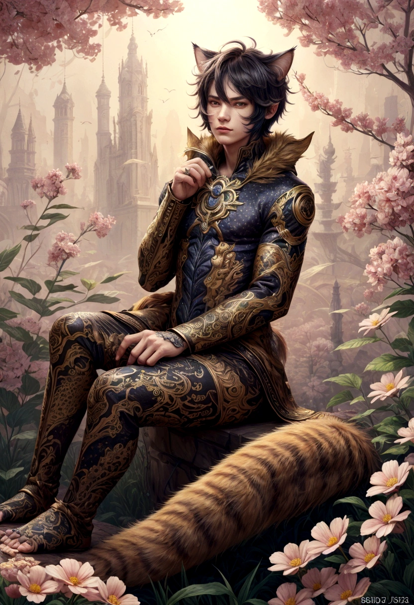 there is a catboy that is sitting in the flowers, a digitalpainting by Android Jones, behance contest winner, furry art, cute detailed digital art, in digital illustration style, catboy. digitalpainting, Bela arte UHD 4K, stunning digital illustration, detailed digital art in 4k, beautiful digital art, just a joke, cute digital art, beautiful digital illustration