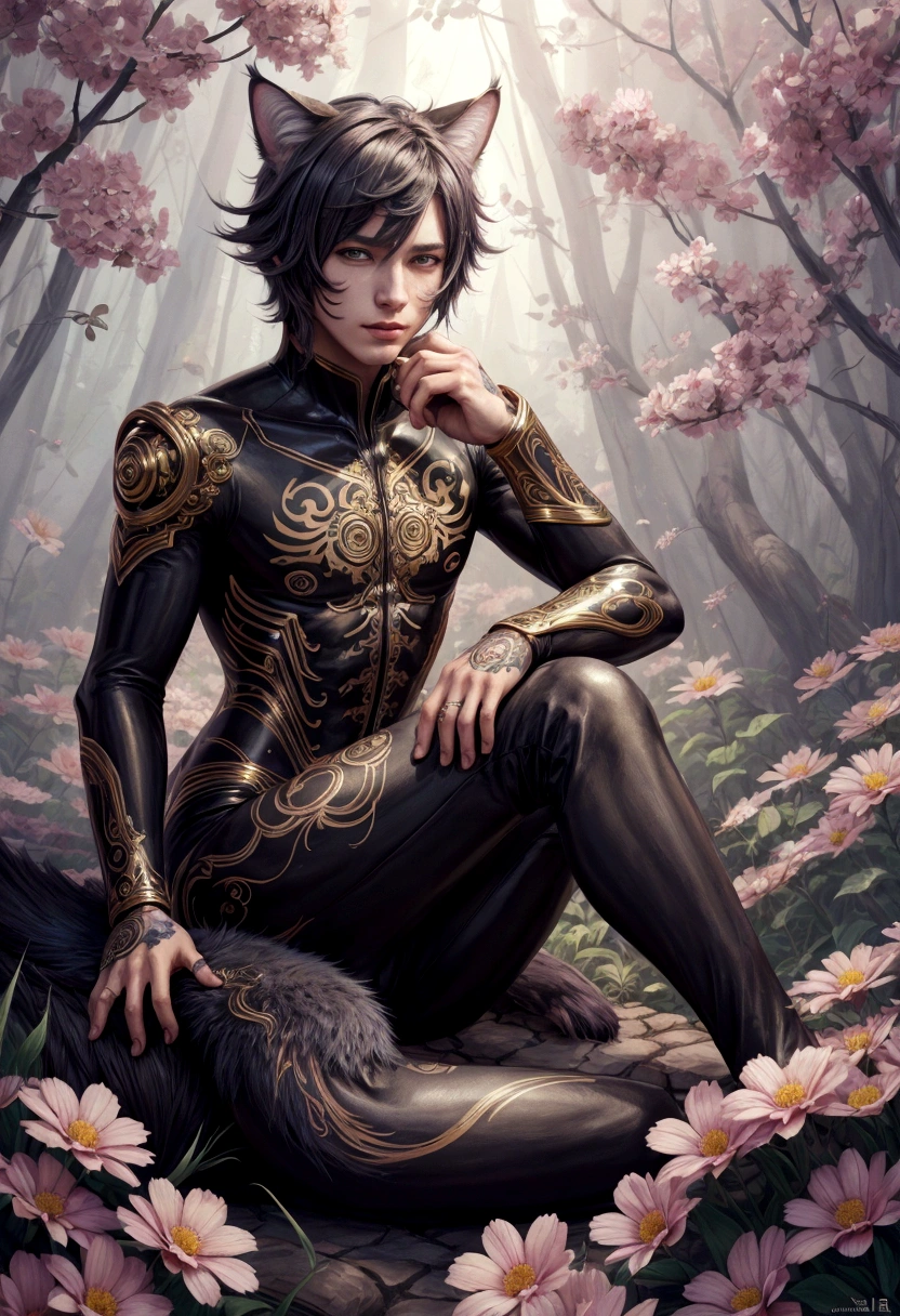 there is a catboy that is sitting in the flowers, a digitalpainting by Android Jones, behance contest winner, furry art, cute detailed digital art, in digital illustration style, catboy. digitalpainting, Bela arte UHD 4K, stunning digital illustration, detailed digital art in 4k, beautiful digital art, just a joke, cute digital art, beautiful digital illustration