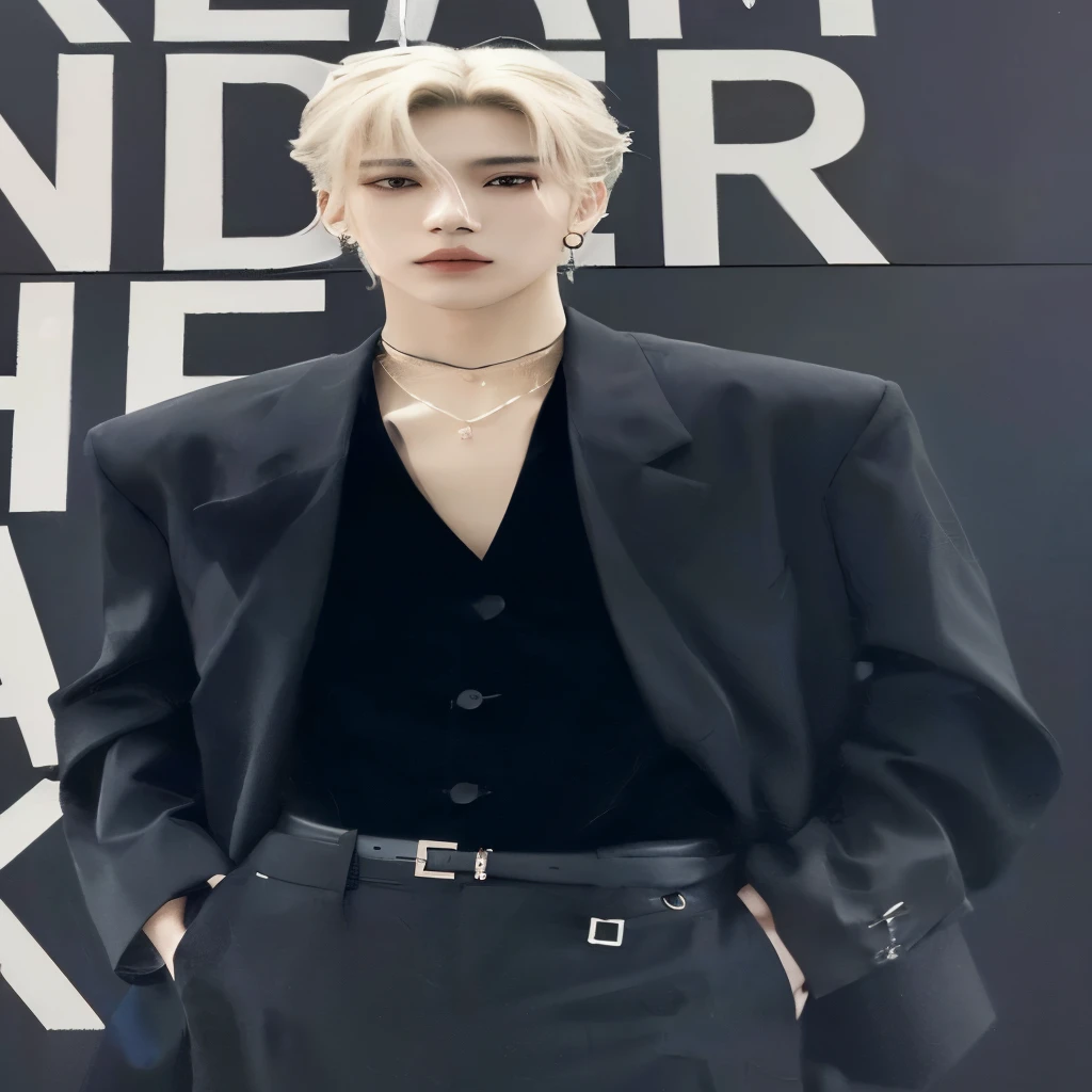 blurred image of a woman in a black suit and black blouse, cai xukun, delicate androgynous prince, beautiful androgynous prince, androgynous, androgynous person, androginy, Jinyoung Shin, androgynous male, taken at the beginning of 2020, jia, hyung tae, wearing a noble black suit