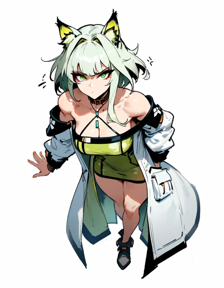 1girl, kal'tsit \(arknights\), arknights \\\\\ masterpiece, best quality, very aesthetic, absurdres, newest \\\\\\ slim body,///// ,by nyantcha,cutesexyrobutts , by khyle,,////// ,,,, , ,,detailed face, , ,, , , , , beautiful face, (white background:1.2), , sexy, , serious.angry, green eyes, animal ears, , ,,,big tits,), in the center of the frame,,, ,wears a lab coat, ,full body , solo