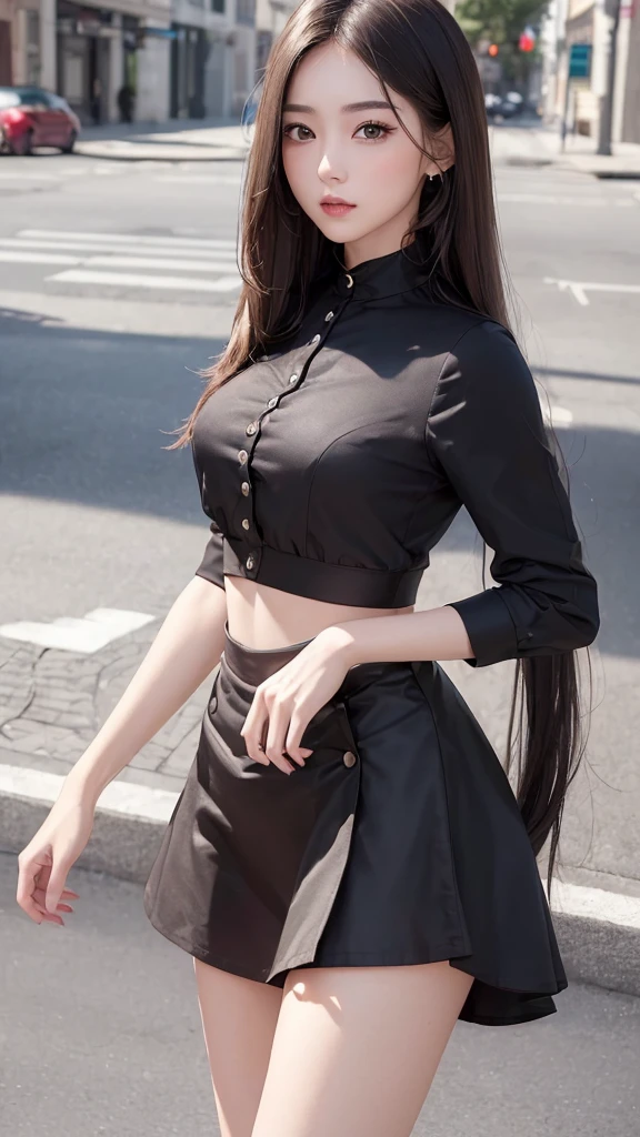 ((Best Quality, 4K, Masterpiece:1.3)), 1girl, Slim Abs Beauty:1.3, (long hairstyle, ), Upper shirt Lower skirt: 1.1, Superfine face, Detailed eyes, Double eyelids, Street view,