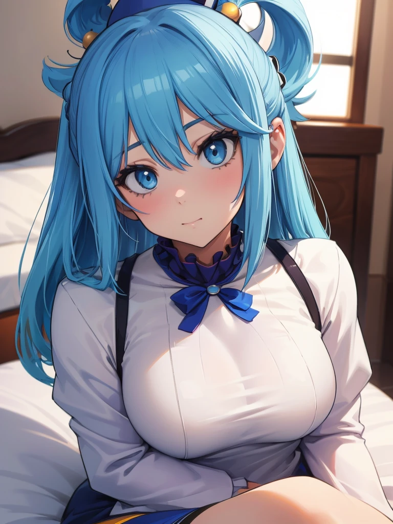 Best Image Quality, 8 k, high quality, masterpiece:1.2), ((masterpiece)), (high detail, high quality, Best Image Quality), solo, 1 girl, Konosuba ,aqua, detailed face, A smirk on his face,, looks at the viewer, detailed clothing, detailed fabric, Hair rings, nurse costume, white suit, stockings, big breasts, middle thighs, Bedroom, Bed, sitting on the bed, syringe, держит syringe в руках