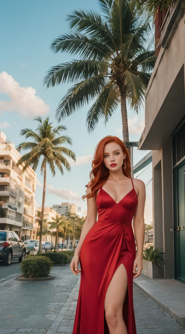 mulher extremamente linda, standingn, frente, on a beautiful street with lots of palm trees and vegetation, ((grass green eyes)), (((perfect eye))), (((redhead))), ((red)) Evening gown, in a stunning setting, skyscraper on the ground in the background, beautiful city, fim de tarde, live lighting, cores vivas