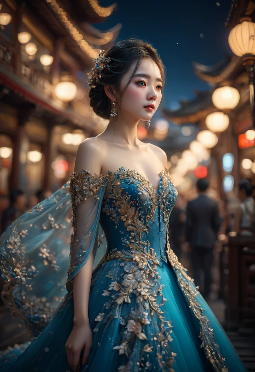 Evening Dress, theater, by cgsociety and fenghua zhong, RAWphoto, 35mm photograph, bokeh, best quality, masterpiece, very aesthetic, perfect composition, intricate details, ultra-detailed