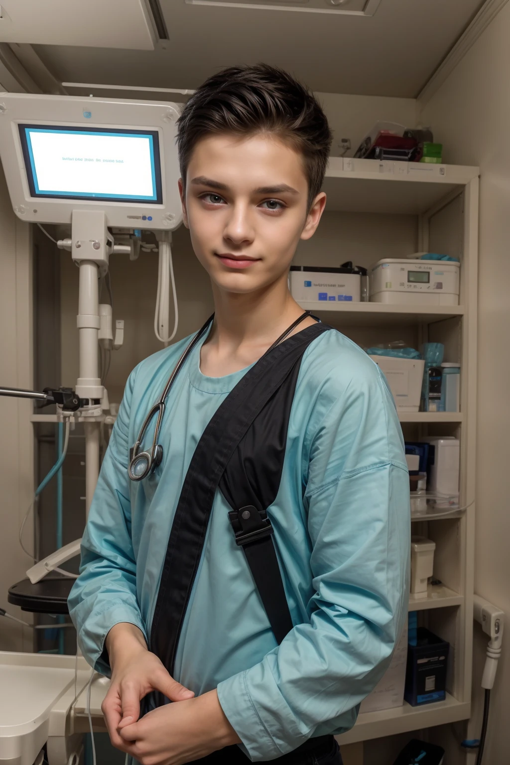 A beautiful young male twink with a make-up face. He is wearing a long-sleeved aquamarine shirt and black jeans. He is in the surgical theater and behind him is a medical monitor and medical equipment for the brain. He looks proudly with black hair and has medical tools for surgery in his hands.