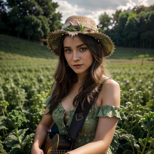 Kale, beautiful girl, gorgeous eyes, wear cowntry hat, funny fingers, Make-up natural, in a dress made of plants, colors, plays guitar, field with lights, hyper detail, mystical light light
