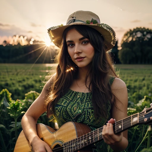 Kale, beautiful girl, gorgeous eyes, wear cowntry hat, funny fingers, Make-up natural, in a dress made of plants, colors, plays guitar, field with lights, hyper detail, mystical light light