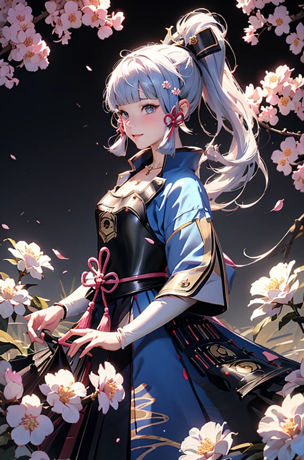((kamisatoayakadef)),1 Anime Girl, Warrior, Realistic people,Realistic, beautiful, smile, elegant, Majestic, Splash Art, Particles of light, Diamond Blade, Dynamic pose, ((fan、Have a fan))((Expand your fan base)),milky way, (Fractal Art:1.1),(Ice Flower:1.4), Most detailed,(Abstract background:1.1), (Shiny skin), (Many colors:1.4), Ultra-high resolution,, masterpiece, Accurate, Anatomically correct, texture.(background:Cherry tree、Cherry Blossom、petal、wind、旋wind)