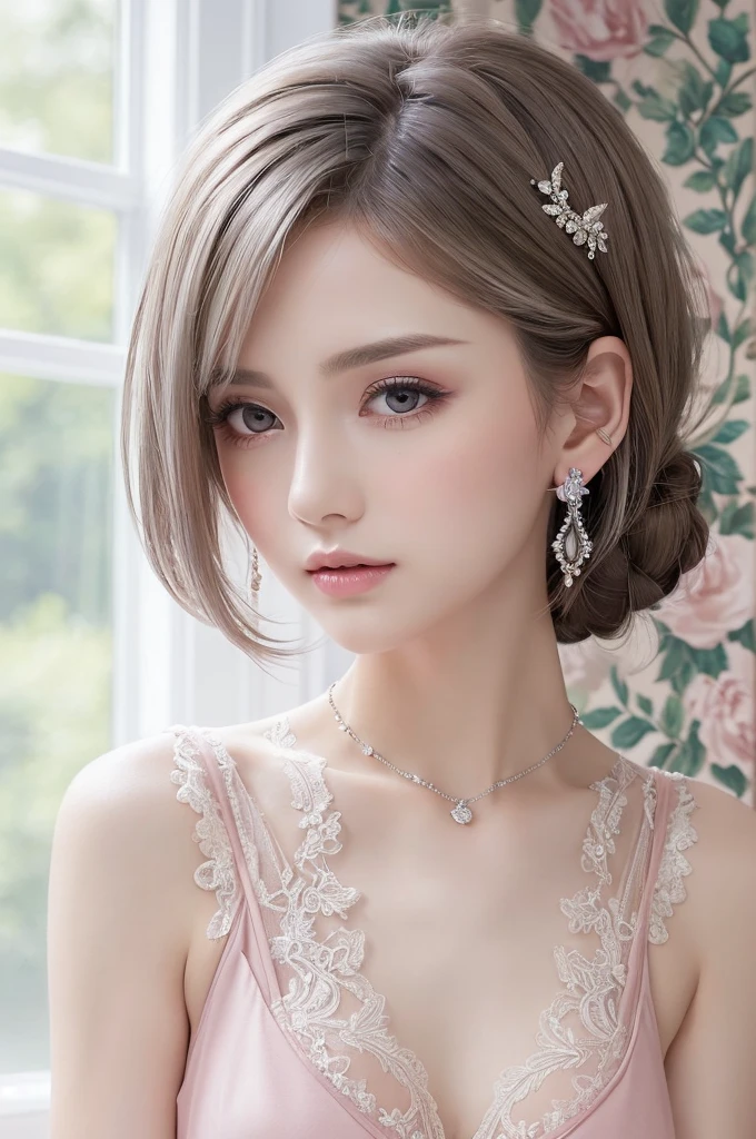 pink lace thong&Good, (((Very elegant and beautiful, Perfect detail, Super detailed))), whole body, The most detailed girl, Depth of written boundary, 美しく詳細なwhole body, Thin legs, 1 girl, 30 years old, Very short hair, Spiked Hair, Gray and silver hair, Beautiful detailed hair, Perfect Face, Expressionless, Beautifully detailed deep eyes, Open your mouth a little, Delicate arms and hands, Pale skin, Earrings, Beautiful and gorgeous necklace, Colorful background, HD background, Blurred Background, Very delicate and beautiful, Masterpiece, (((Highest quality, Very beautiful 8K CG wallpaper))), (((Trendy hairstyles))), (Inside the room,Stylish interior,window),