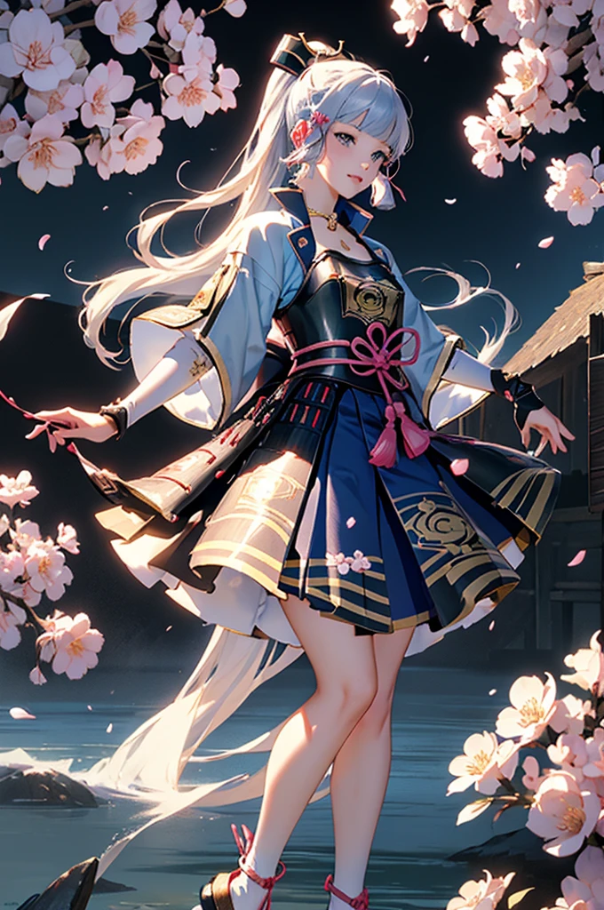 ((kamisatoayakadef)),1 Anime Girl, Warrior, Realistic people,Realistic, beautiful, smile, elegant, Majestic, Splash Art, Particles of light, Diamond Blade, Dynamic pose, ((fan、fanを持っている))((fanを広げる)),milky way, (Fractal Art:1.1),(Ice Flower:1.4), Most detailed,(抽象的なbackground:1.1), (Shiny skin), (Many colors:1.4), Ultra-high resolution,, masterpiece, Accurate, Anatomically correct, texture.(background:Cherry tree、Cherry Blossom、petal、Wind、旋Wind)