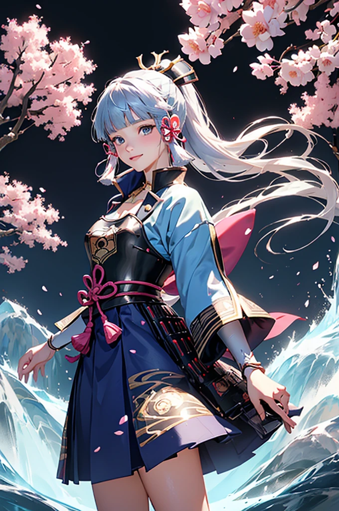((kamisatoayakadef)),1 Anime Girl, Warrior, Realistic people,Realistic, beautiful, smile, elegant, Majestic, Splash Art, Particles of light, Diamond Blade, Dynamic pose, ((fan、fanを持っている))((fanを広げる)),milky way, (Fractal Art:1.1),(Ice Flower:1.4), Most detailed,(抽象的なbackground:1.1), (Shiny skin), (Many colors:1.4), Ultra-high resolution,, masterpiece, Accurate, Anatomically correct, texture.(background:Cherry tree、Cherry Blossom、petal、Wind、旋Wind)