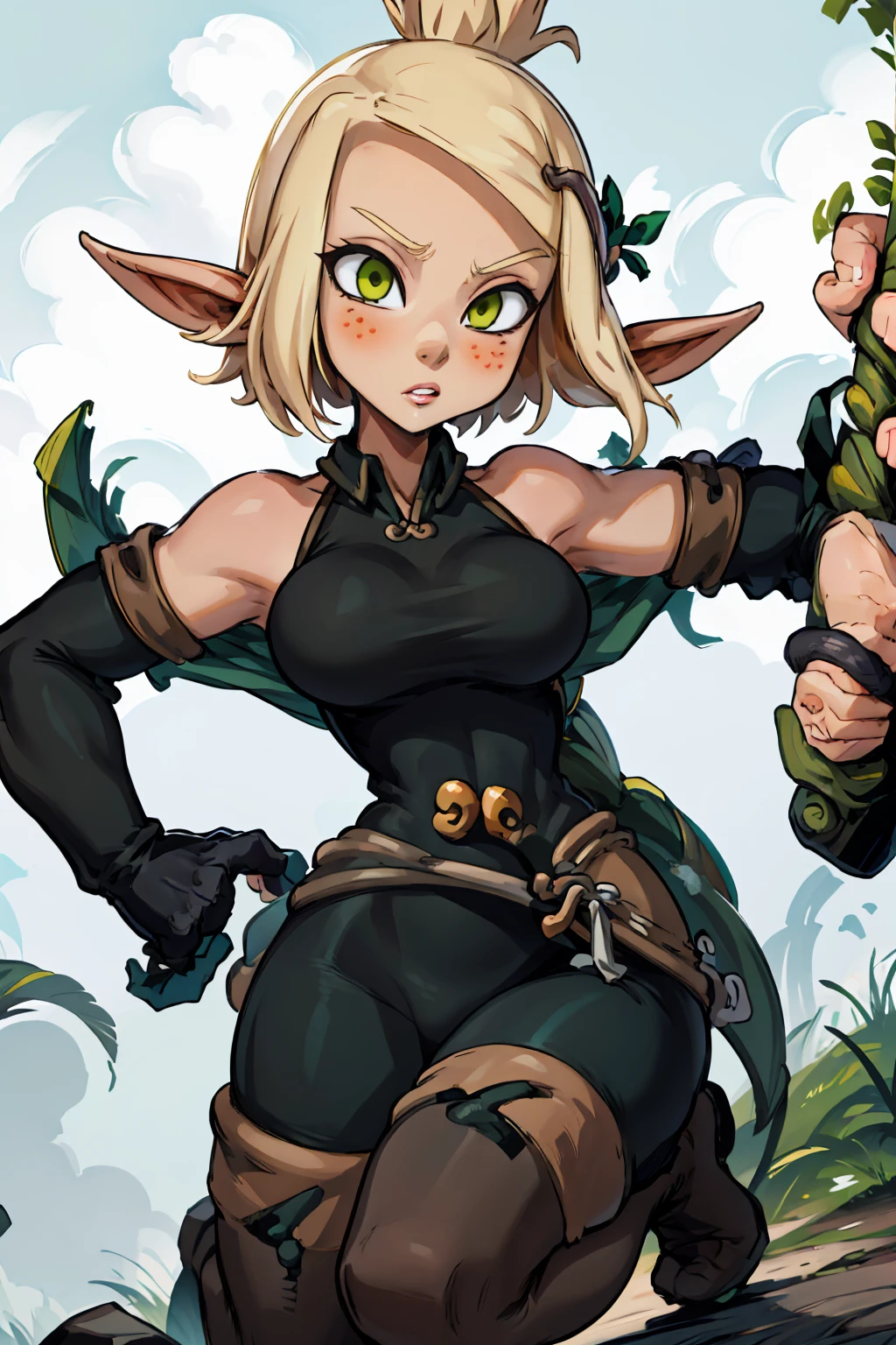 ((ultra quality)), ((masterpiece)), Evangelyne - Wakfu, Wakfu style, ((blonde short hair, evangelina hairstyle)), (Beautiful face), (beautiful female lips), (elven long ears), charming, ((sexy facial expression)), looks at the camera, eyes slightly open, (skin color white), (White skin), glare on the body, ((detailed beautiful female eyes)), ((dark green eyes)), (juicy female lips), (dark eyeliner), (beautiful female hands), ((ideal female figure)), ideal female body, beautiful waist, gorgeous thighs, beautiful large breasts, ((subtle and beautiful)), sexy sits (close up of face), (black clothes Evangelyne - wakfu season 1, clothes from the first season of the animated series, white top) background: the forest, ((depth of field)), ((high quality clear image)), (clear details), ((high detail)), realistically, professional photo session, ((Clear Focus)), anime