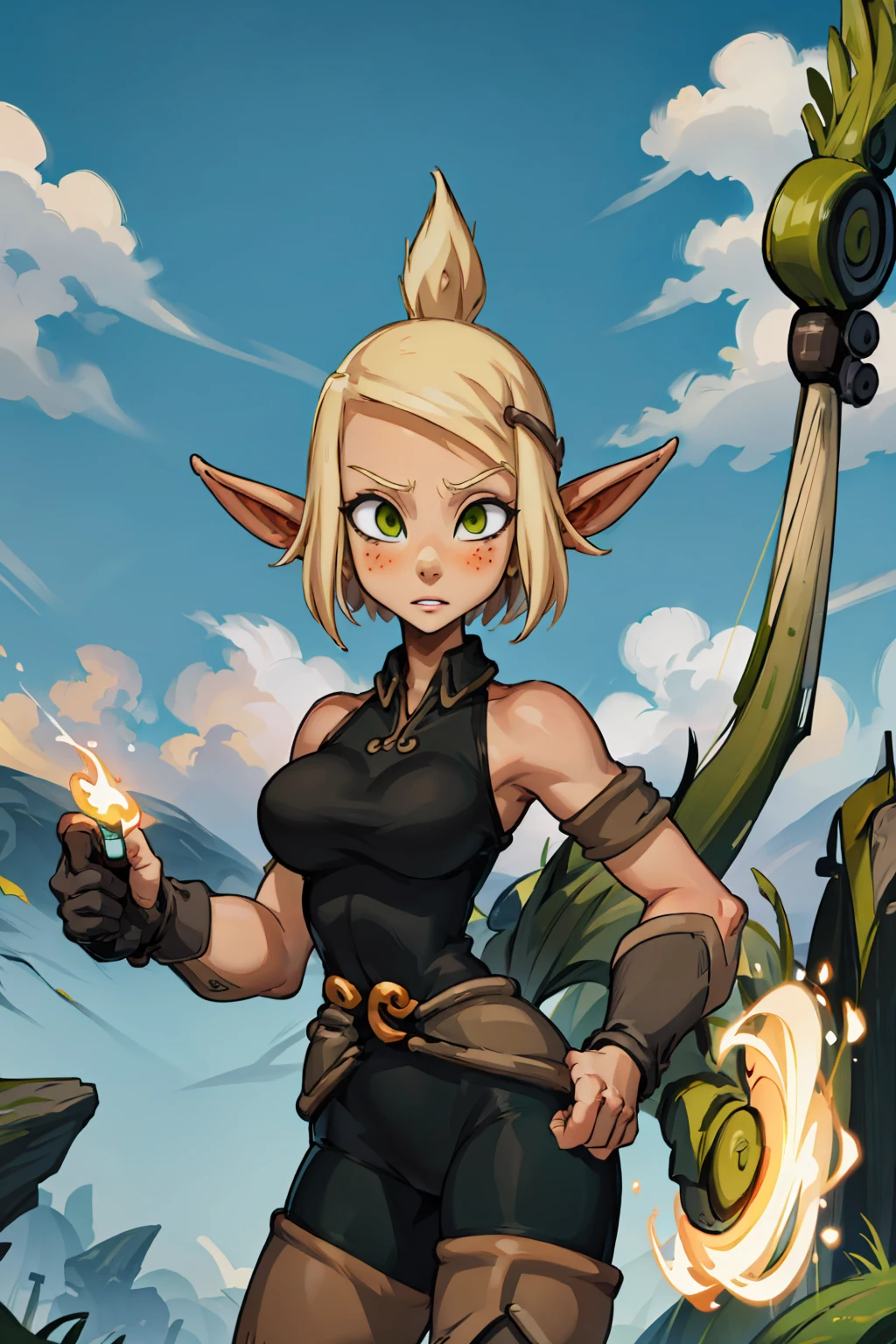 ((ultra quality)), ((masterpiece)), Evangelyne - Wakfu, Wakfu style, ((blonde short hair, evangelina hairstyle)), (Beautiful face), (beautiful female lips), (elven long ears), charming, ((sexy facial expression)), looks at the camera, eyes slightly open, (skin color white), (White skin), glare on the body, ((detailed beautiful female eyes)), ((dark green eyes)), (juicy female lips), (dark eyeliner), (beautiful female hands), ((ideal female figure)), ideal female body, beautiful waist, gorgeous thighs, beautiful large breasts, ((subtle and beautiful)), sexy sits (close up of face), (black clothes Evangelyne - wakfu season 1, clothes from the first season of the animated series, white top) background: the forest, ((depth of field)), ((high quality clear image)), (clear details), ((high detail)), realistically, professional photo session, ((Clear Focus)), anime