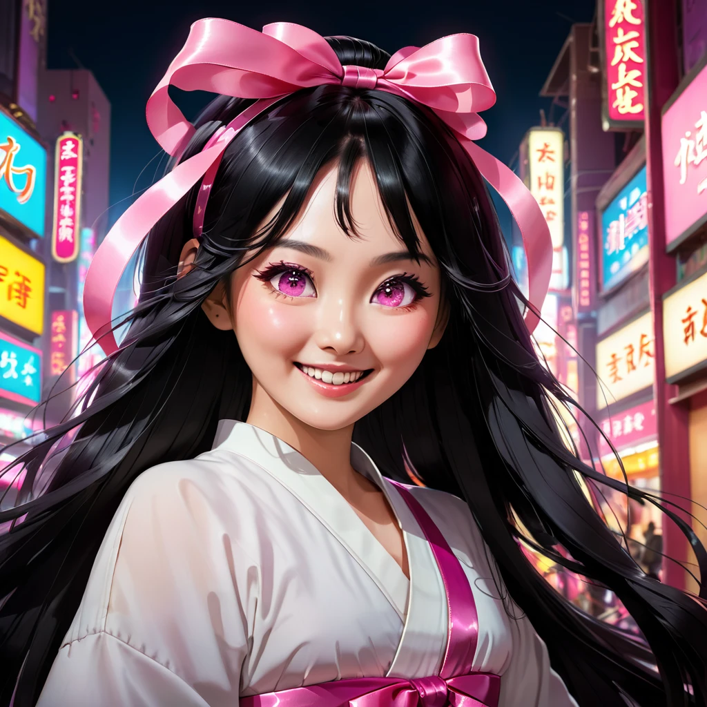 masterpiece, (realistic:1.5), realistic eyes, asian women, best quality, beautiful lighting, professional lighting, photon mapping, radio city, Physically Based Rendering,, kamado nezuko, 1 woman, black hair, forehead, hair ribbon,long hair, multicolored hair, dehisce, pink eyes, pink , pink ribbon, ribbon, laugh, very long hair, sky, ((getting old)),, (raw photo, 8k words, film grain)