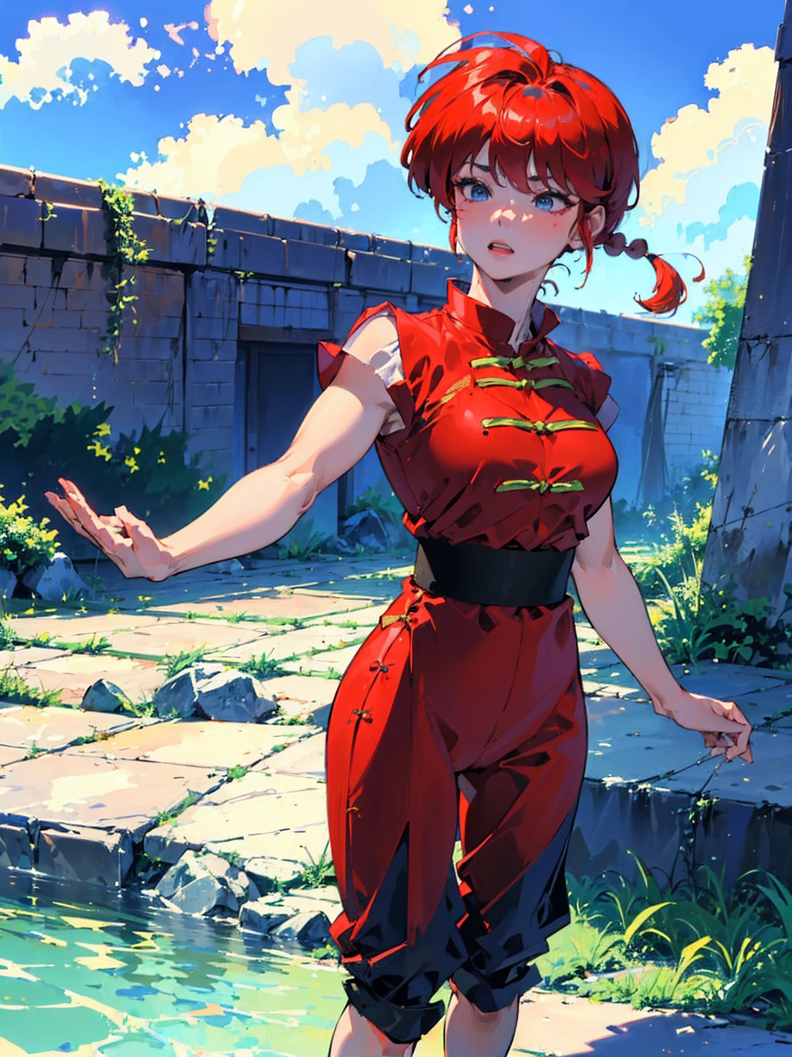 ((masterpiece:1.4)), expensive quality, very_expensive_solve, big_file size, Full Color, Thick outline, Clear contours, colorful, (Beautiful fine details, Are thin:1.4), ((Beautiful Face:1.0)), ((Boyish face:1.4)), 1 girl, (Ranma), (Redhead), short hair, (Braided Ponytail), ((bangs)), bumpy bangs, Blue-gray eyes, Big Breasts, Curvy, Ranma, Braided Ponytail, (Red Chinese Clothing, Short sleeves in red), No sleeve, Tangzhuang, Black trousers, Are standing, ((, Are thin:1.4)), ((from the front:1.4)), Are thin:1.4
