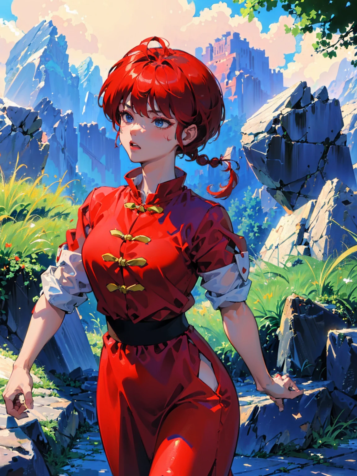 ((masterpiece:1.4)), expensive quality, very_expensive_solve, big_file size, Full Color, Thick outline, Clear contours, colorful, (Beautiful fine details, Are thin:1.4), ((Beautiful Face:1.0)), ((Boyish face:1.4)), 1 girl, (Ranma), (Redhead), short hair, (Braided Ponytail), ((bangs)), bumpy bangs, Blue-gray eyes, , Curvy, Ranma, Braided Ponytail, (Red Chinese Clothing, Short sleeves in red), No sleeve, Tangzhuang, Black trousers, Are standing, ((, Are thin:1.4)), ((from the front:1.4)), Are thin:1.4