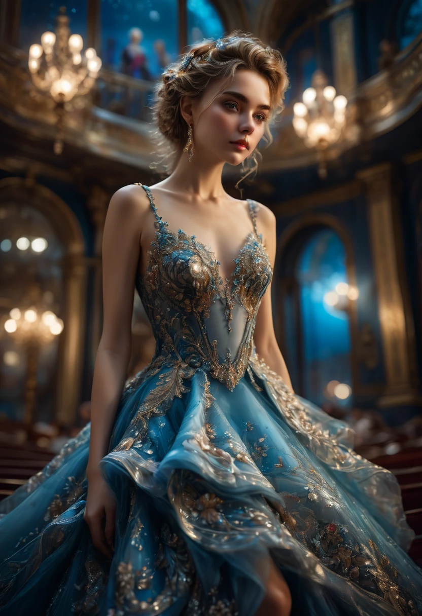 Evening Dress, theater, by Anna Razumovskaya, RAWphoto, 35mm photograph, bokeh, best quality, masterpiece, very aesthetic, perfect composition, intricate details, ultra-detailed