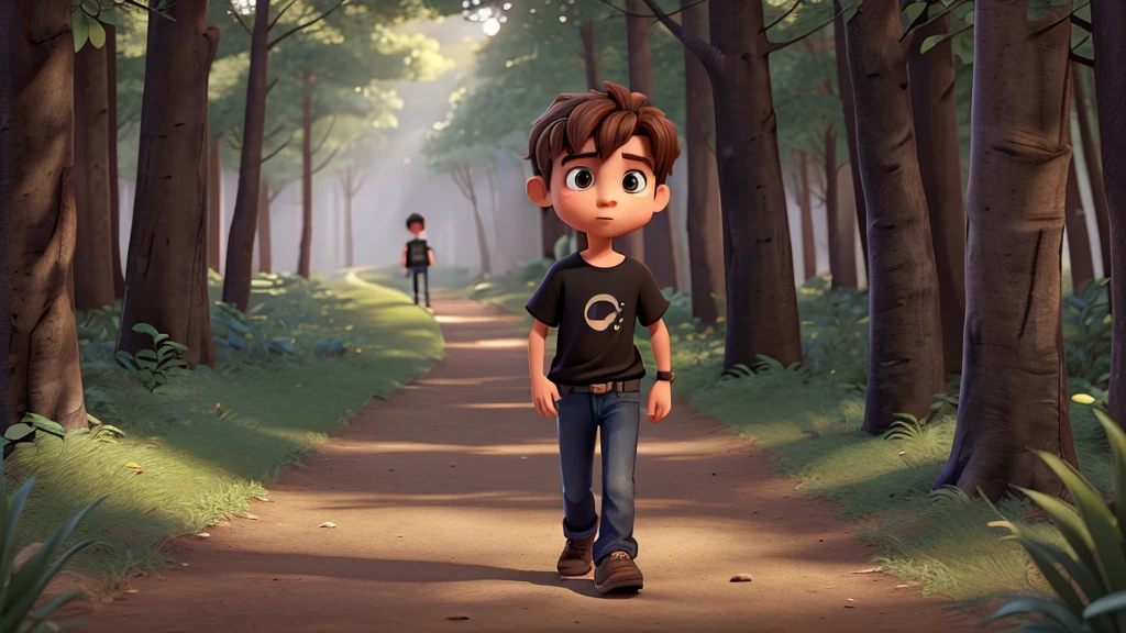 Image of Gabriel, a 5 year old boy with brown hair wearing jeans and a black t-shirt. Walking along a trail in a dense forest. 8K. Pixar-style, uhd, High definition.