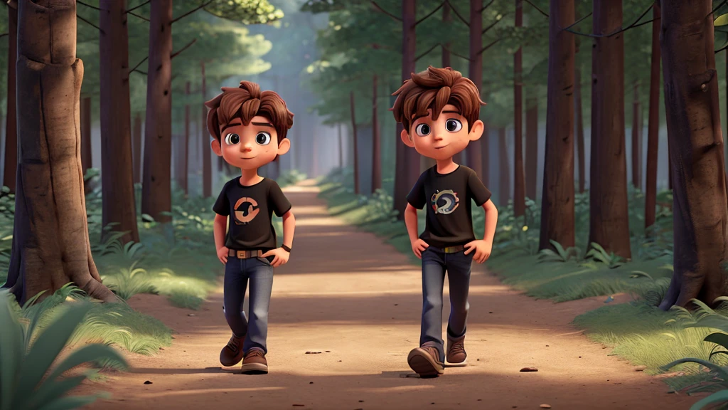 Image of Gabriel, a 5 year old boy with brown hair wearing jeans and a black t-shirt. Walking along a trail in a dense forest. 8K. Pixar-style, uhd, High definition.