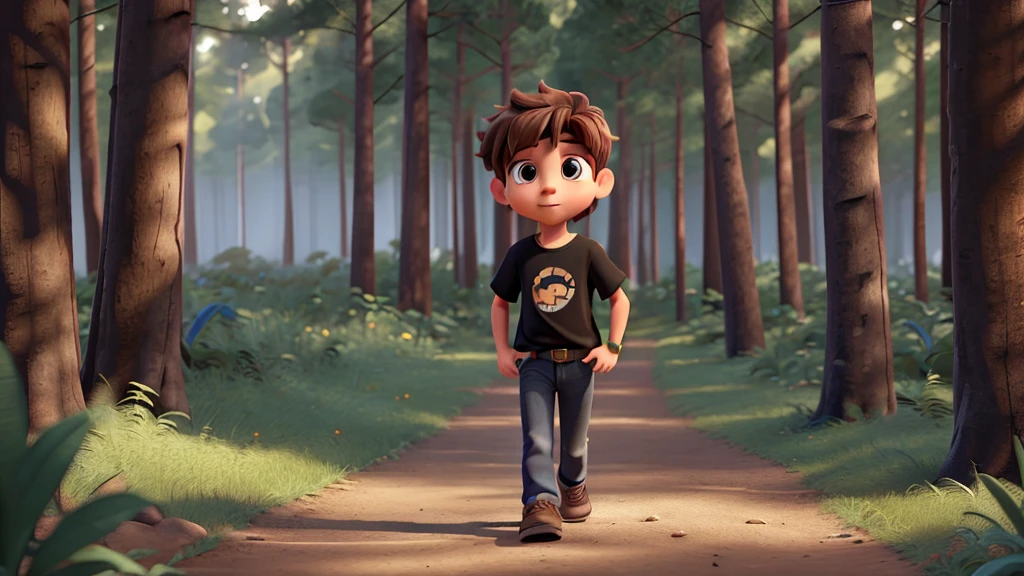 Image of Gabriel, a 5 year old boy with brown hair wearing jeans and a black t-shirt. Walking along a trail in a dense forest. 8K. Pixar-style, uhd, High definition.