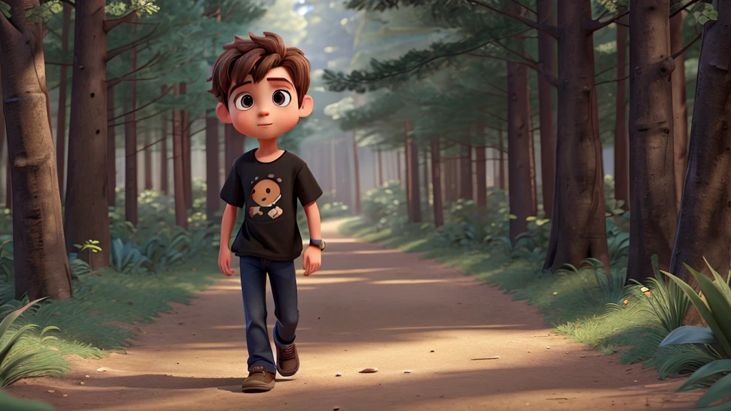 Image of Gabriel, a 5 year old boy with brown hair wearing jeans and a black t-shirt. Walking along a trail in a dense forest. 8K. Pixar-style, uhd, High definition.