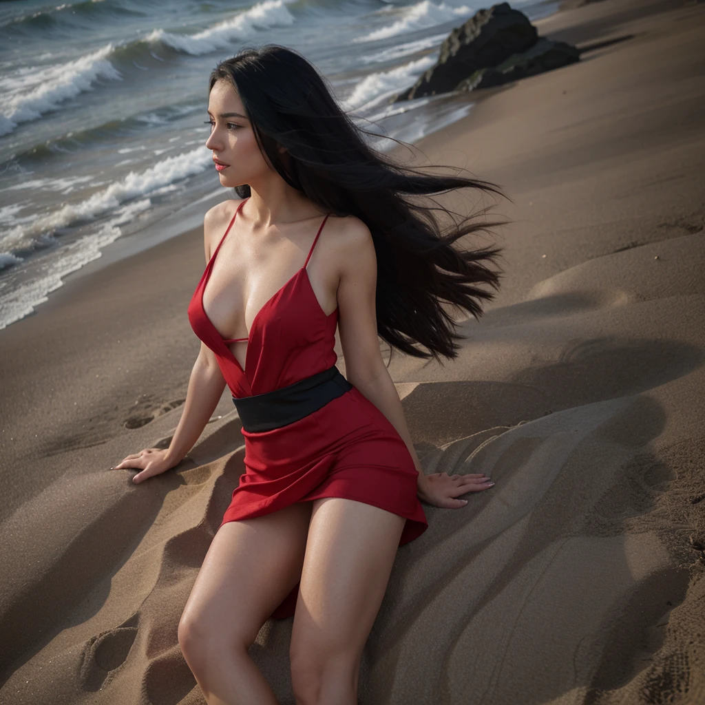 a woman, elegant, with half-long black hair, dressed in a red dress, sexy, also on a beach, realistic , 9:16 aspect ratio, nice , hyper-realistic image that could be mistaken for a real photograph