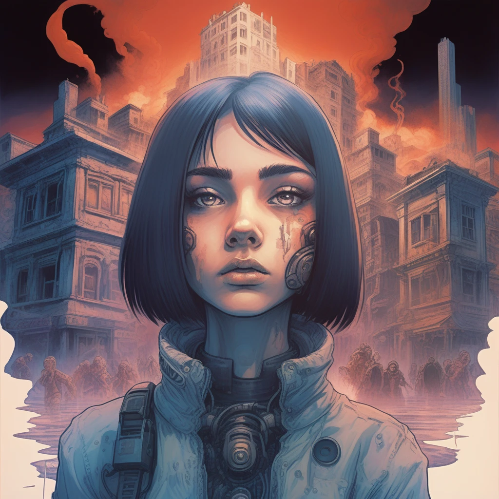 drawix4 cyborg girl, hell, destroyed buildings and a group of people in the background, a dark and mysterious world unfolds, enigmatic dreamscape surrealistic