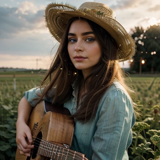 Kale, beautiful girl, gorgeous eyes, funny fingers, Make-up natural, in a dress made of plants, colors, plays guitar, field with lights, hyper detail, mystical light light, wearing a cowboy hat