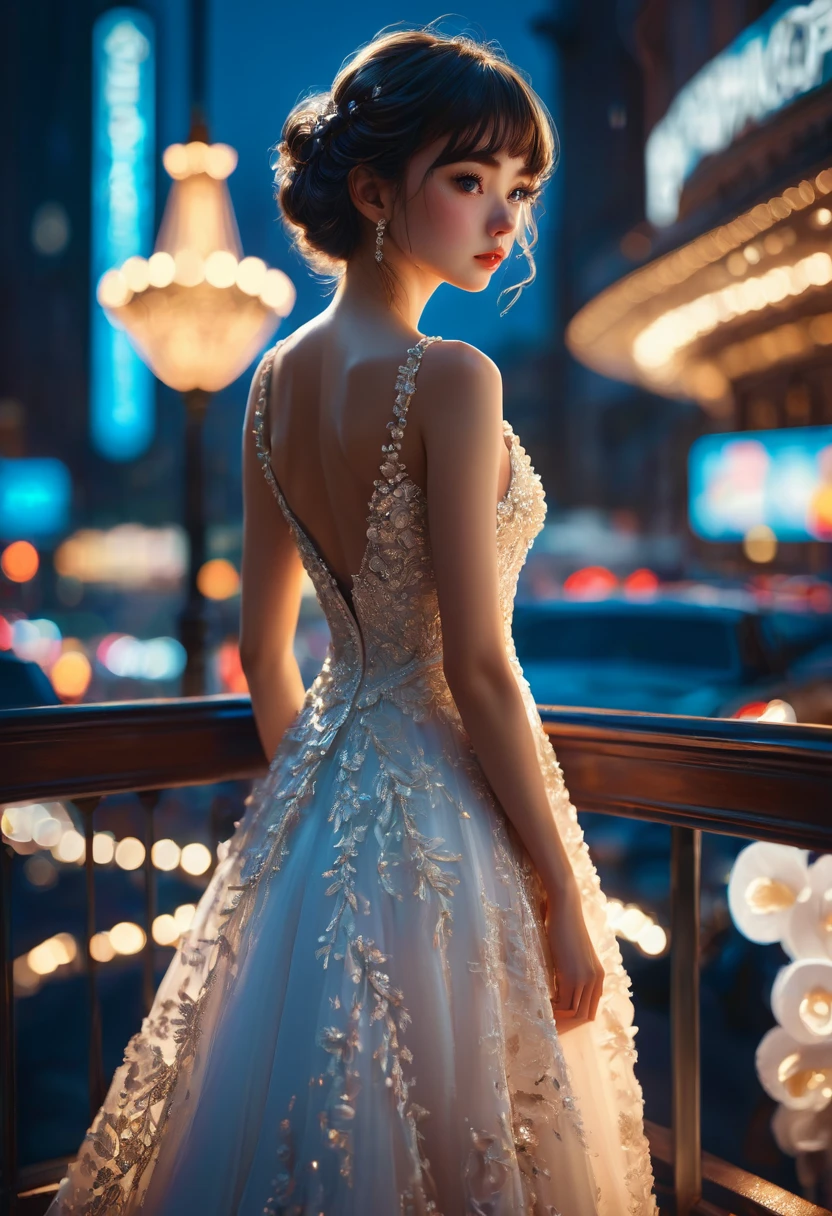 Evening Dress, theater, by ILya Kuvshinov, RAWphoto, 35mm photograph, bokeh, best quality, masterpiece, very aesthetic, perfect composition, intricate details, ultra-detailed