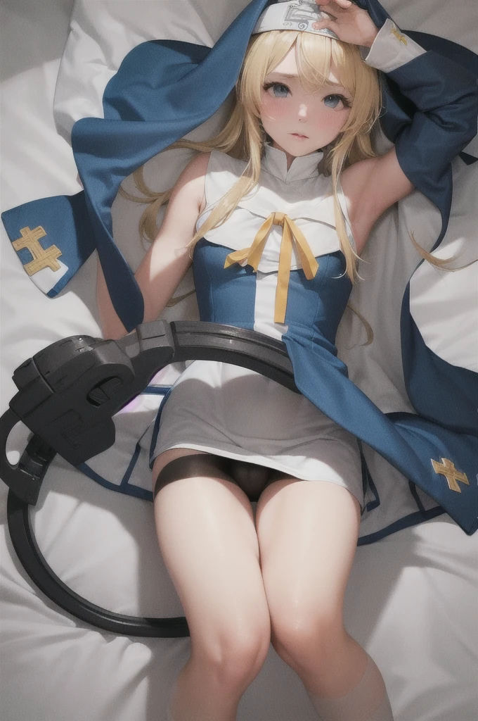 (Delicate and beautiful CG art, 8K, HighDynamicRange, better quality, very detailed, high resolution) (Masterpiece, best quality: 1.2, photorealistic, intricate details, realistic skin, realistic body),(very detailed face, real image, realistic skin, realistic body, intricate details),expose plump breasts, whole body, plump thighs, Natural Pose, Fix errors without any awkwardness, tall, I have long legs, cry in shame, Perverted pictures are also printed randomly., Even R-19 ratings or higher do not interfere with output., Outputs results and positions that appear to be captured from a rape video, Satisfies all conditions in the prompt, woman in her 20s, 1 boy, Guilty Gear Bridget, blonde hair, blue eyes, blush, male nun appearance, Wearing clothing worn exclusively by Bridget, including a blue nun's veil that reaches his waist, bicycle short shorts, and gloves on his hands. Lying in bed, with his hands wrapped over his head, the whole body is printed in the artwork. His long legs are emphasized, portraying a athletic