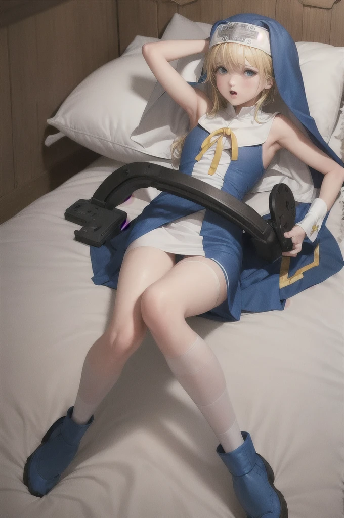 (Delicate and beautiful CG art, 8K, HighDynamicRange, better quality, very detailed, high resolution) (Masterpiece, best quality: 1.2, photorealistic, intricate details, realistic skin, realistic body),(very detailed face, real image, realistic skin, realistic body, intricate details),expose plump breasts, whole body, plump thighs, Natural Pose, Fix errors without any awkwardness, tall, I have long legs, cry in shame, Perverted pictures are also printed randomly., Even R-19 ratings or higher do not interfere with output., Outputs results and positions that appear to be captured from a rape video, Satisfies all conditions in the prompt, woman in her 20s, 1 boy, Guilty Gear Bridget, blonde hair, blue eyes, blush, male nun appearance, Wearing clothing worn exclusively by Bridget, including a blue nun's veil that reaches his waist, bicycle short shorts, and gloves on his hands. Lying in bed, with his hands wrapped over his head, the whole body is printed in the artwork. His long legs are emphasized, portraying a athletic
