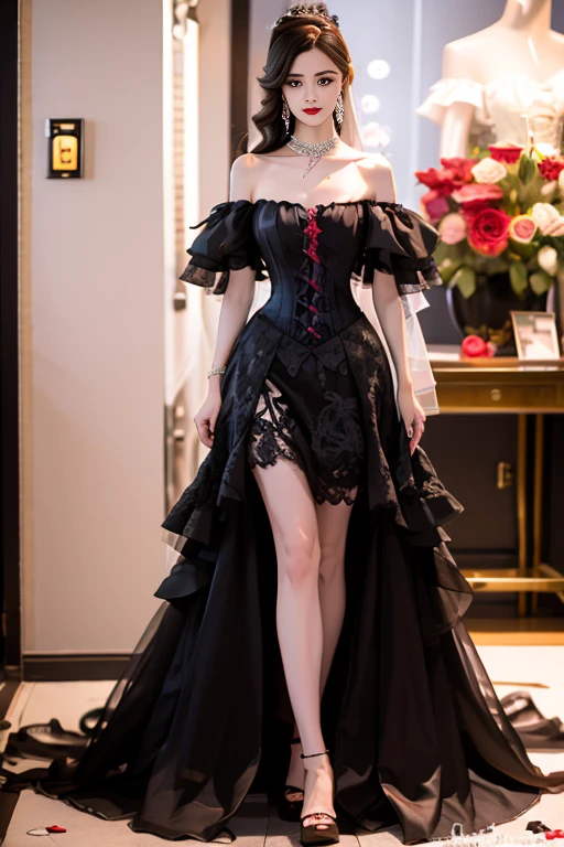 Black wedding dress, corset top, heavy detailing, high-lo dress, long train, off shoulder, embroidery detailing, beading, goth chic wedding dress, all black dress, full body portrait, legs showing,