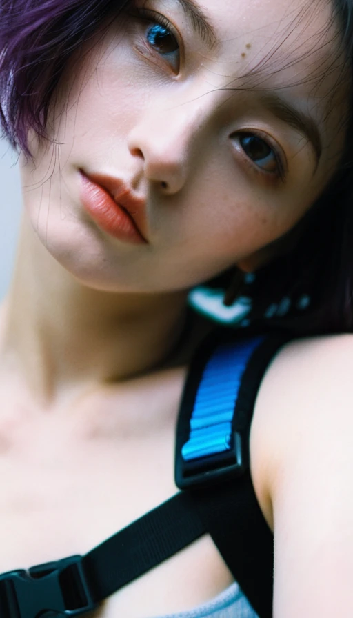 xxmixgirl,Thorough, analog style, eye focus, highest quality, (highly detailed skin), photo of a exquisitely beautiful pale skin punk Dutch girl, 21yo, (wearing harness, and beanie), perfect face, alluring eyes, [seductive makeup], skin pores, (piercing:0.5), indoor, messy bedroom, (bokeh:0.6), sharp focus, dappled lighting, (backlighting:0.7), film grain, photographed on a Sony A7R IV, 18mm F/1.7 cine lens, (highly detailed, intricately detailed), 8k, HDR, seductively posing, front view, (uppper body:0.9)