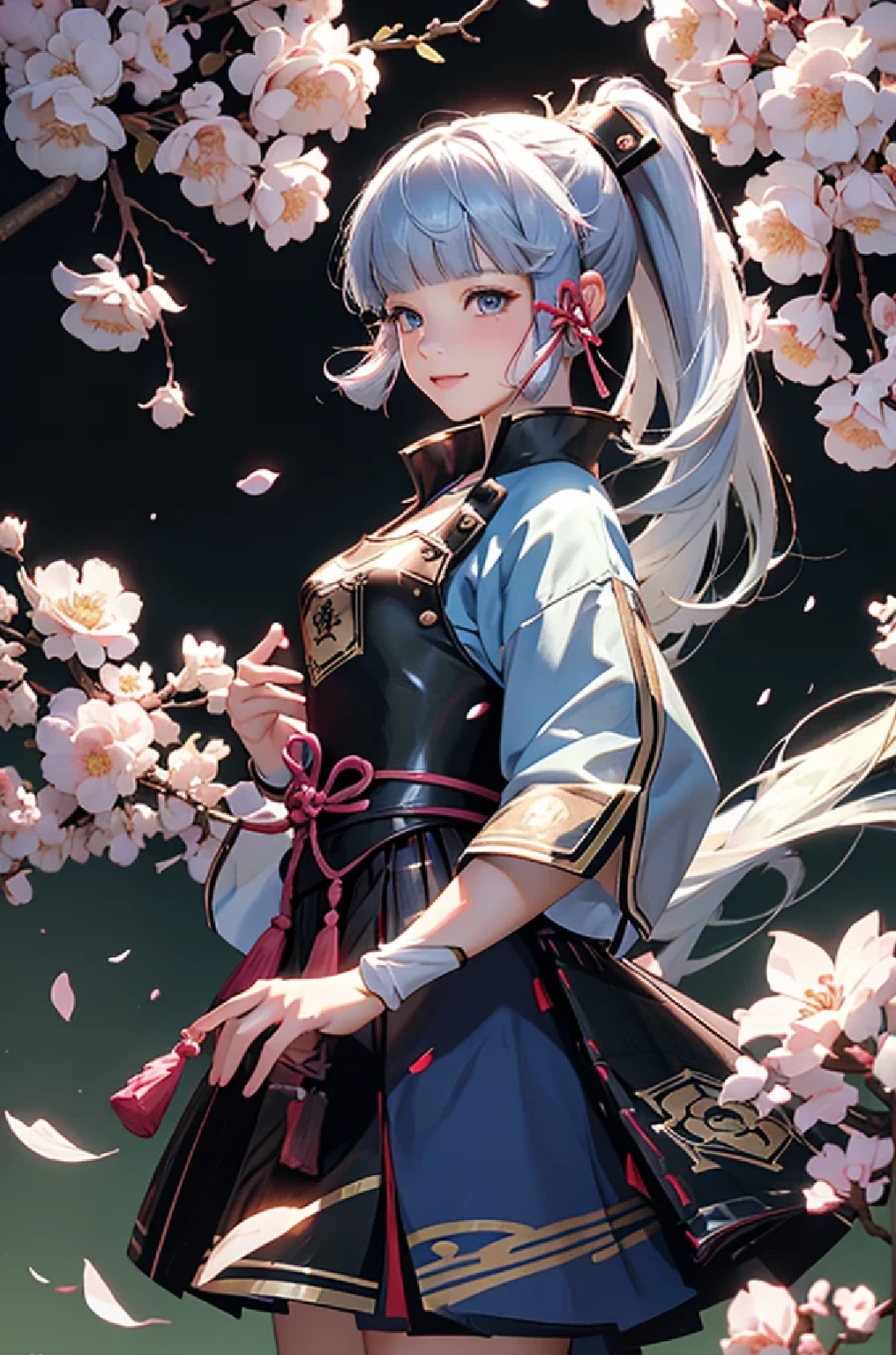((kamisatoayakadef)),1 Anime Girl, Warrior, Realistic people,Realistic, beautiful, smile, elegant, Majestic, Splash Art, Particles of light, Diamond Blade, Dynamic pose, ((fan、Have a fan))((Expand your fan base)),milky way, (Fractal Art:1.1),(Ice Flower:1.4), Most detailed,(Abstract background:1.1), (Shiny skin), (Many colors:1.4), Ultra-high resolution,, masterpiece, Accurate, Anatomically correct, texture.(background:Cherry tree、Cherry Blossom、petal、wind、旋wind)
