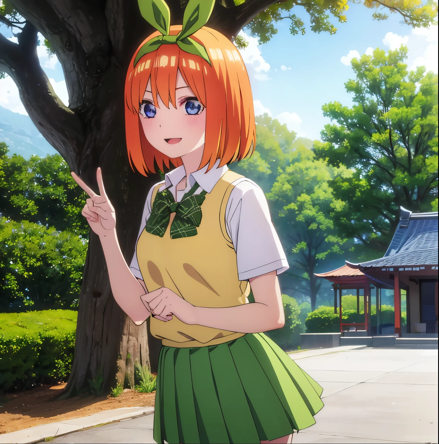 1girl,alone,yotsuba nakano,masterpiece,detailed,looking at viewer,best quality,high resolution,short hair,orange hair,headband,green ribbon,headband,green bow,collared shirt,vest,yellow sweater, short sleeves, green skirt, pleated skirt, short skirt, white calf-length dresses, peace sign, smile, outdoors, japanese park, cherry trees, standing, in front, focus on breasts, pov (from middle) ,perfect anatomy, perfect hands