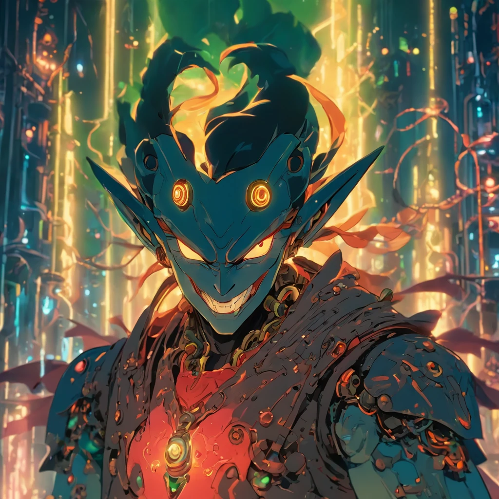 Niji mode.  Full body, vampire elf wizard, secret agent, wearing a thin and elegant suit with glowing magic circuits, holding a long sword with glowing magic carvings and long handle, technological boot with glowing magic circuits, ruby ​​eyes, dark red hair, orange skin , bright red tattoos, ruby ​​piercings, looking at the viewer, detailed face.  Atompunk, android, cyborg, mechanical parts with magic stones, magic glowing eyes, advanced technology mixed with magic, magic circuits, gears made of magic materials, developed by Technological Magic.  Walking in the middle of a magical atompunk metropolis mixing technology and vegetation, particle effects, wide and deep scenery, with multiple planes of depth, cinematic and dynamic scene with a sense of movement, view of magical bright lights reflecting the scene, stylish pose, aura lights, glowing technological cables, epic atmosphere, magic tools, old anime style, Studio ghibli, metal hurlant, artbook, RPG fantasy.