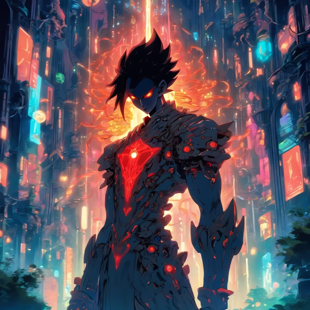 Niji mode.  Full body, vampire elf wizard, secret agent, wearing a thin and elegant suit with glowing magic circuits, holding a long sword with glowing magic carvings and long handle, technological boot with glowing magic circuits, ruby ​​eyes, dark red hair, orange skin , bright red tattoos, ruby ​​piercings, looking at the viewer, detailed face.  Atompunk, android, cyborg, mechanical parts with magic stones, magic glowing eyes, advanced technology mixed with magic, magic circuits, gears made of magic materials, developed by Technological Magic.  Walking in the middle of a magical atompunk metropolis mixing technology and vegetation, particle effects, wide and deep scenery, with multiple planes of depth, cinematic and dynamic scene with a sense of movement, view of magical bright lights reflecting the scene, stylish pose, aura lights, glowing technological cables, epic atmosphere, magic tools, old anime style, Studio ghibli, metal hurlant, artbook, RPG fantasy.